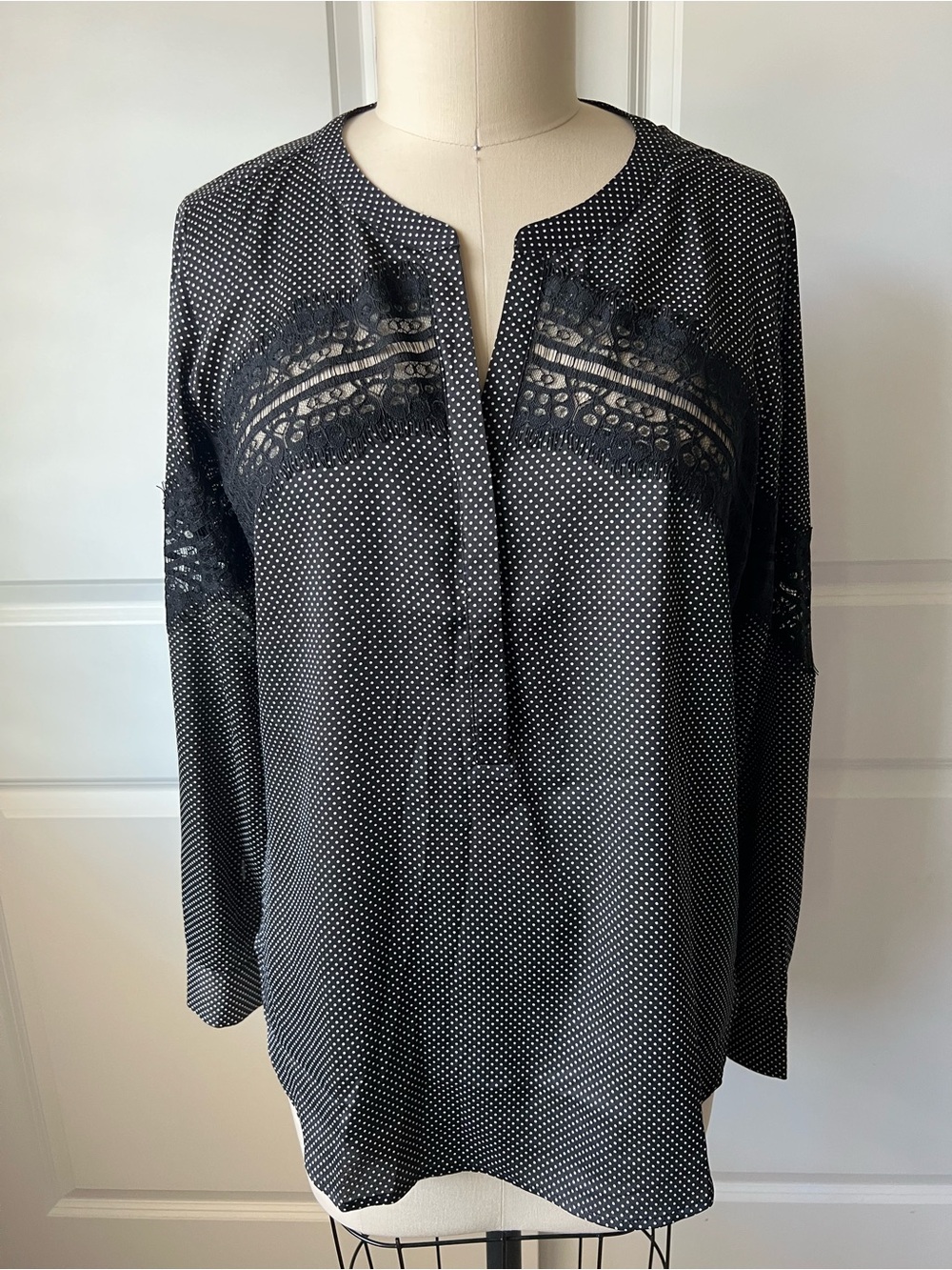 Ann Taylor Black Polka Dot Lace-Trim Blouse